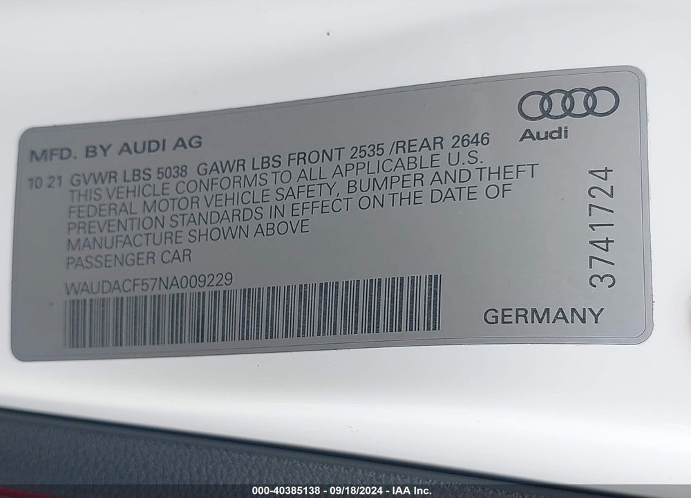 2022 AUDI A5 SPORTBACK PREMIUM 45 TFSI S LINE QUATTRO S TRONIC VIN: WAUDACF57NA009229