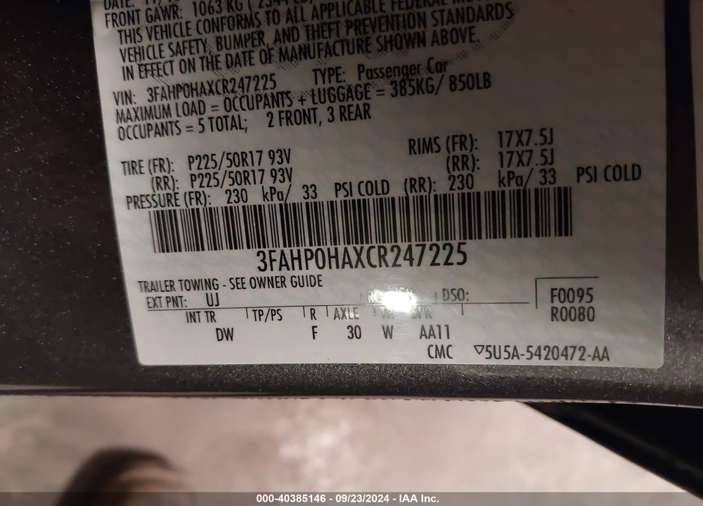 2012 FORD FUSION SE VIN: 3FAHP0HAXCR247225