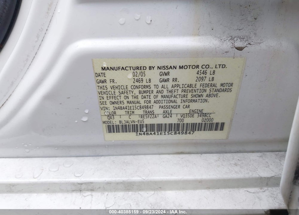 2005 NISSAN MAXIMA 3.5 SL VIN: 1N4BA41E15C849847
