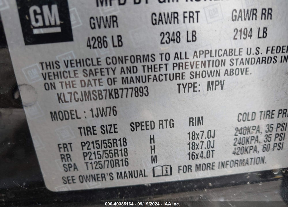 2019 CHEVROLET TRAX PREMIER VIN: KL7CJMSB7KB777893