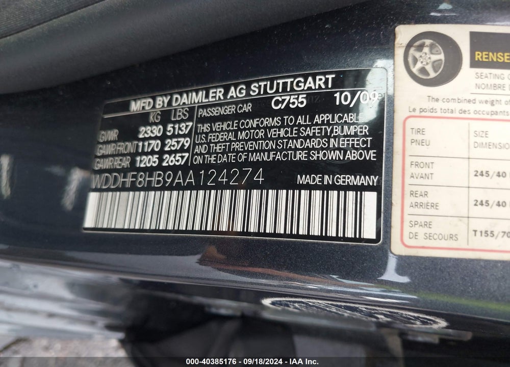 2010 MERCEDES-BENZ E 350 4MATIC VIN: WDDHF8HB9AA124274
