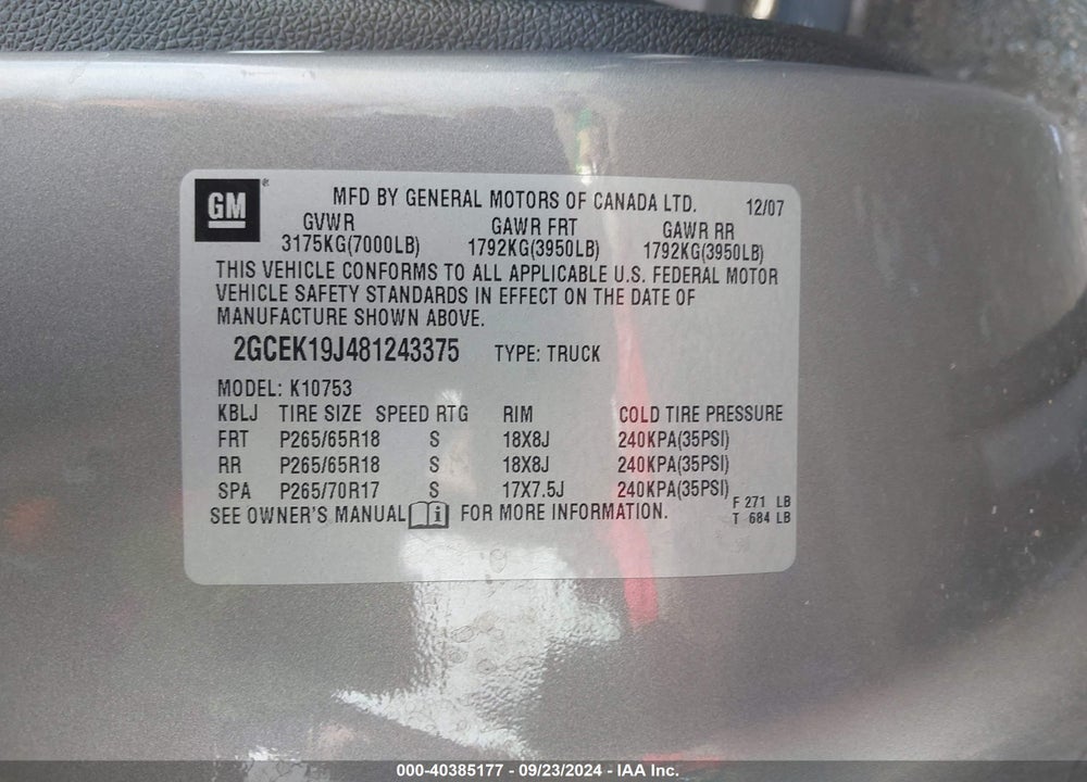 2008 CHEVROLET SILVERADO 1500 LTZ VIN: 2GCEK19J481243375