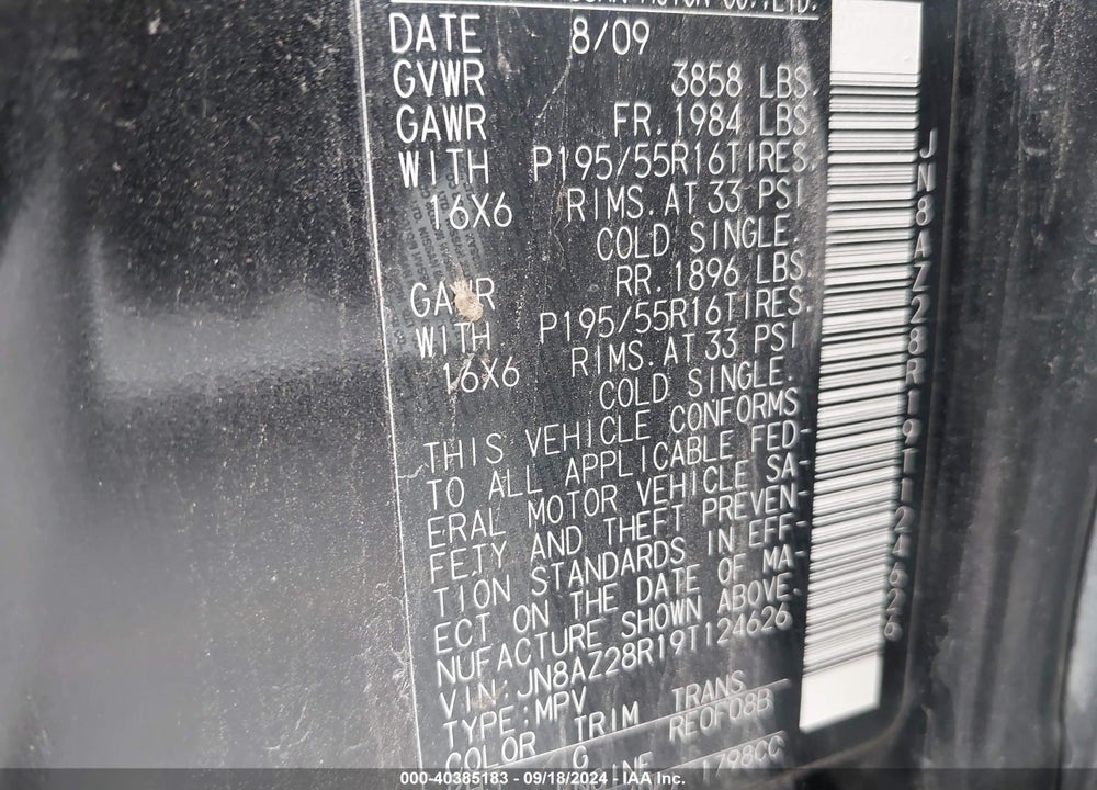 2009 NISSAN CUBE 1.8SL VIN: JN8AZ28R19T124626