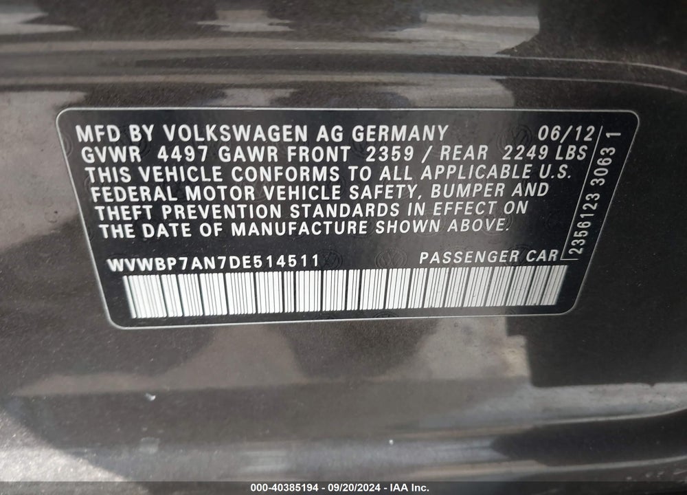 2013 VOLKSWAGEN CC 2.0T SPORT PLUS VIN: WVWBP7AN7DE514511