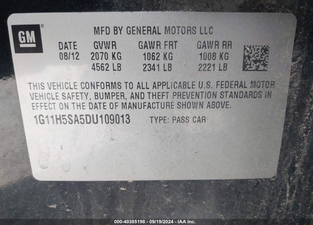 2013 CHEVROLET MALIBU 1LZ VIN: 1G11H5SA5DU109013