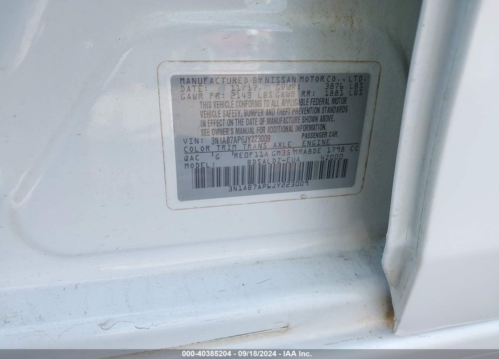 2018 NISSAN SENTRA SV VIN: 3N1AB7AP6JY223009