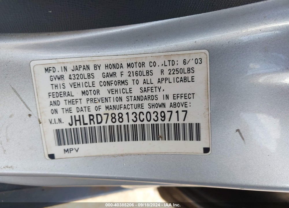 2003 HONDA CR-V EX VIN: JHLRD78813C039717