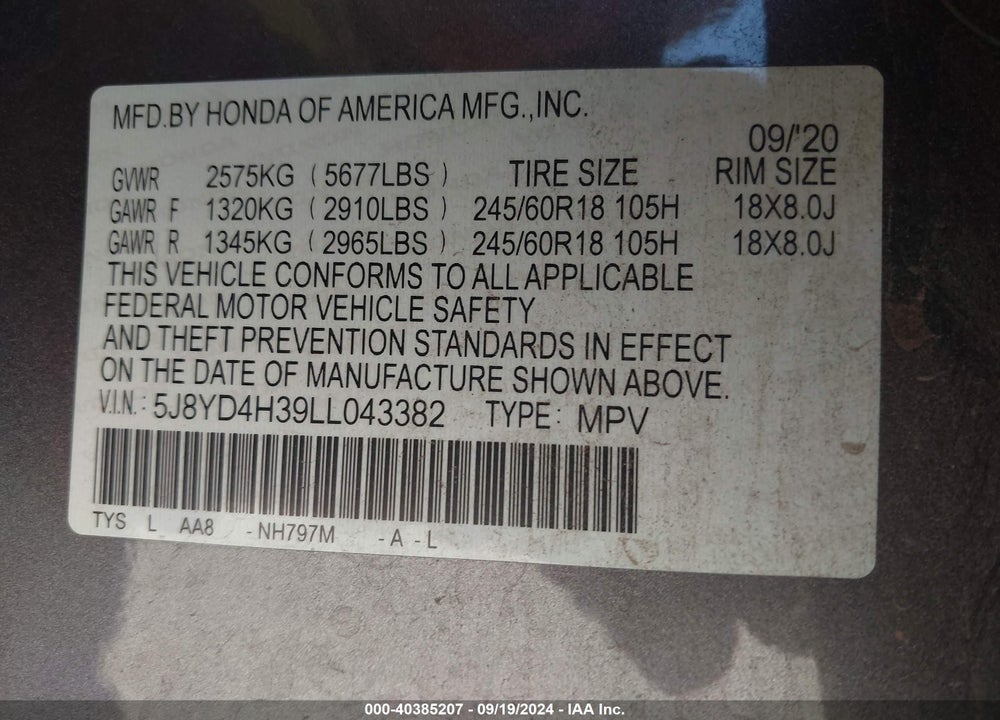 2020 ACURA MDX STANDARD VIN: 5J8YD4H39LL043382