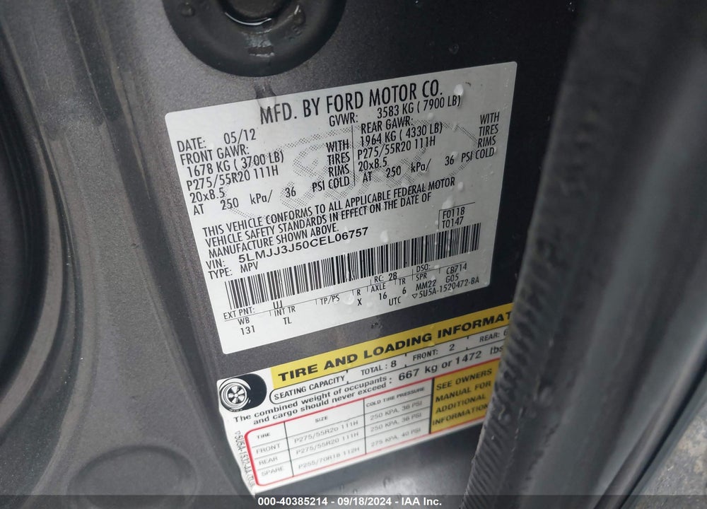 2012 LINCOLN NAVIGATOR L VIN: 5LMJJ3J50CEL06757