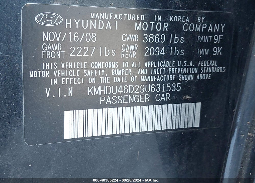 2009 HYUNDAI ELANTRA GLS VIN: KMHDU46D29U631535