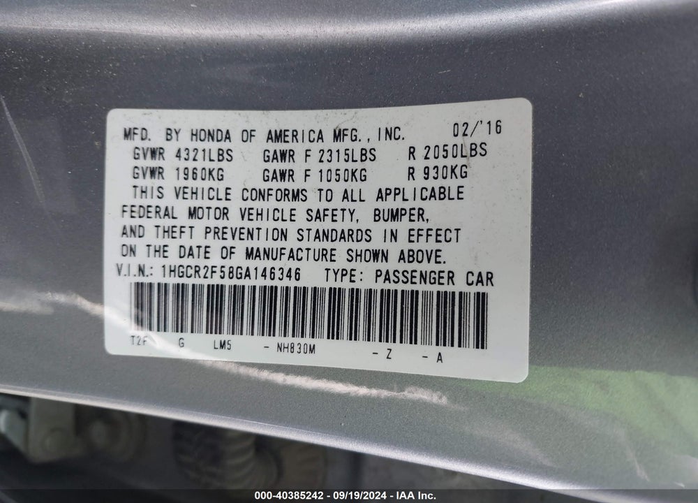 2016 HONDA ACCORD SPORT VIN: 1HGCR2F58GA146346