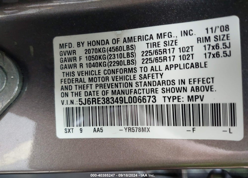 2009 HONDA CR-V LX VIN: 5J6RE38349L006673