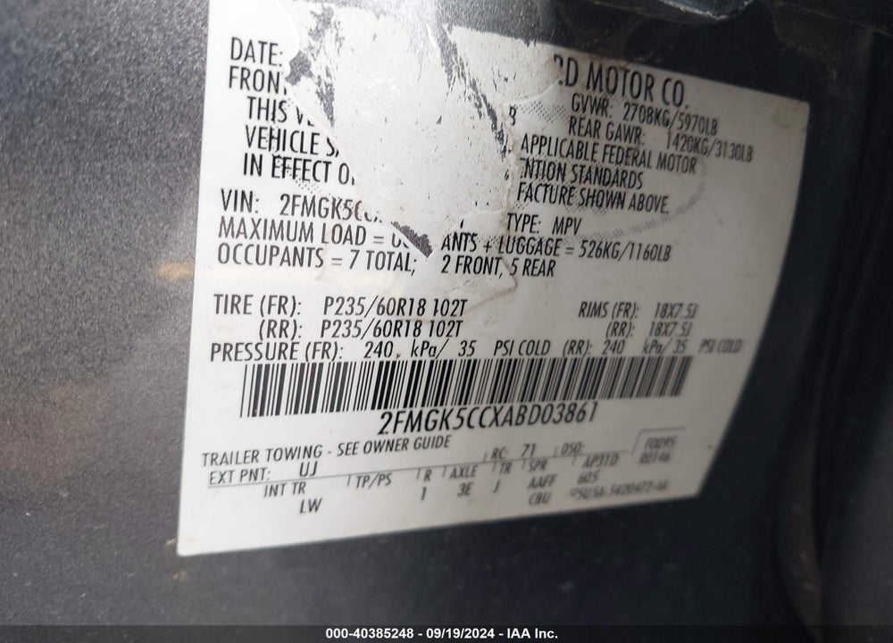 2010 FORD FLEX SEL VIN: 2FMGK5CCXABD03861