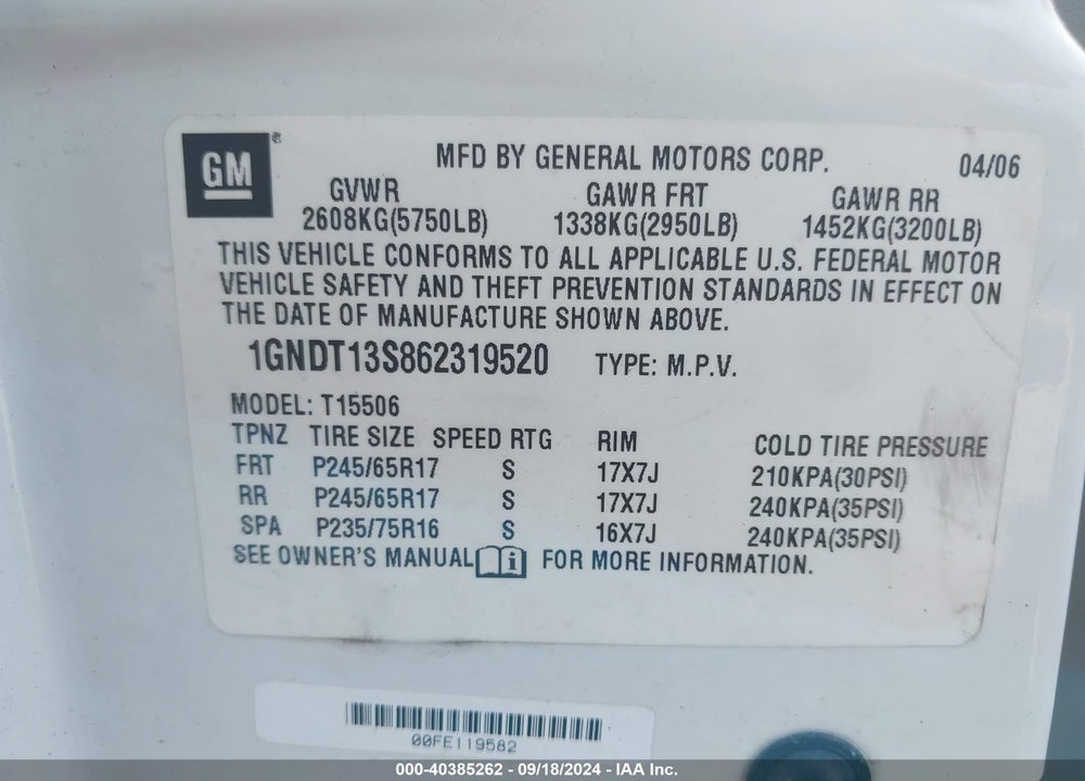 2006 CHEVROLET TRAILBLAZER VIN: 1GNDT13S862319520