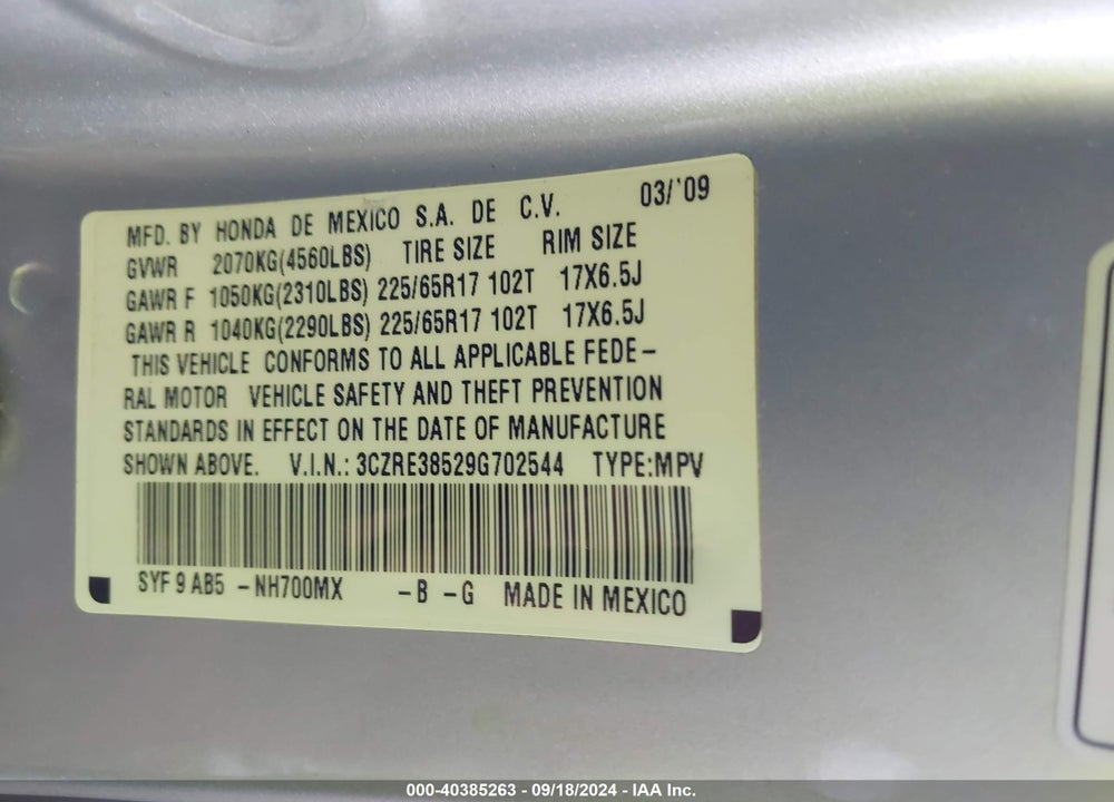 2009 HONDA CR-V EX VIN: 3CZRE38529G702544