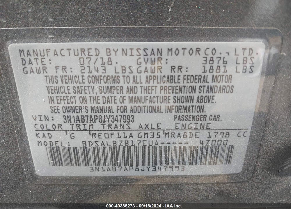 2018 NISSAN SENTRA VIN: 3N1AB7AP8JY347993