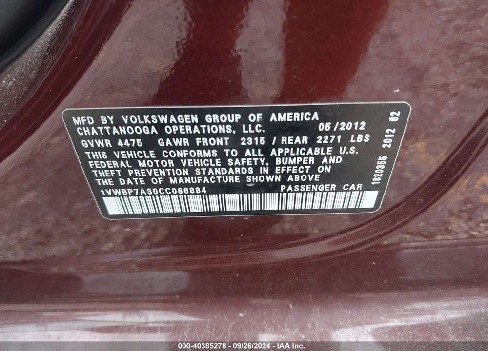 2012 VOLKSWAGEN PASSAT 2.5L SE VIN: 1VWBP7A30CC086884