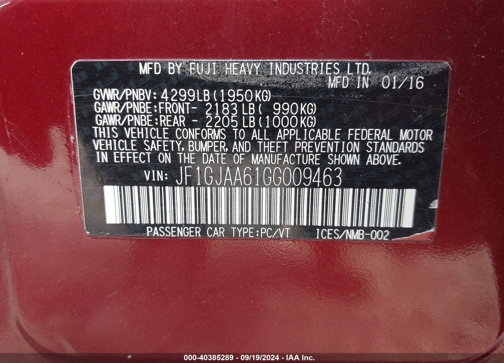 2016 SUBARU IMPREZA 2.0I VIN: JF1GJAA61GG009463