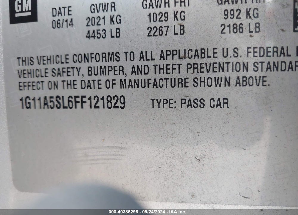 2015 CHEVROLET MALIBU 1FL VIN: 1G11A5SL6FF121829