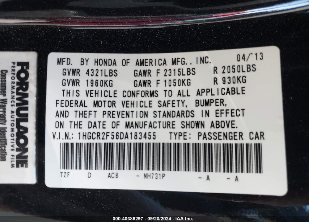 2013 HONDA ACCORD SPORT VIN: 1HGCR2F56DA183455