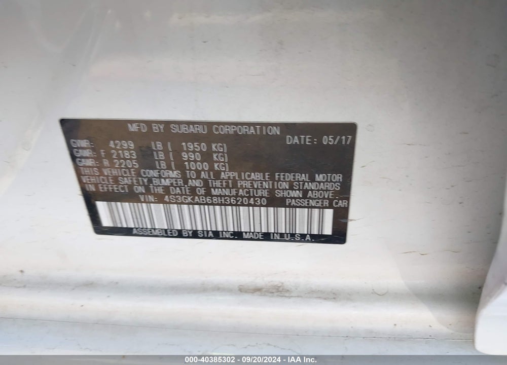 2017 SUBARU IMPREZA 2.0I PREMIUM VIN: 4S3GKAB68H3620430