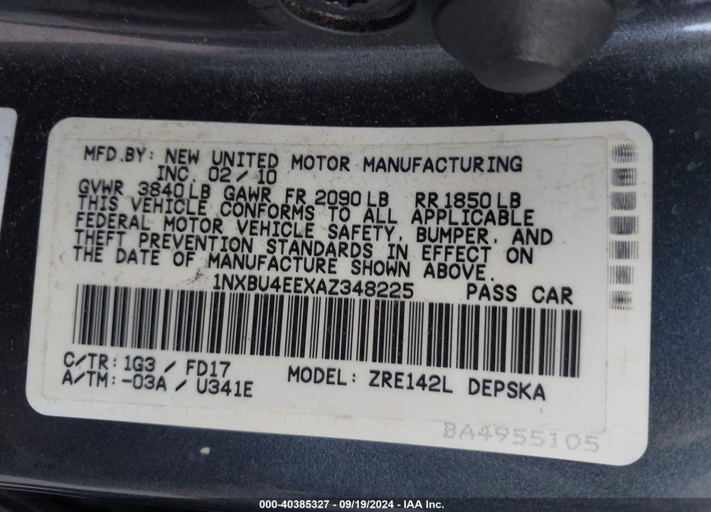 2010 TOYOTA COROLLA S VIN: 1NXBU4EEXAZ348225