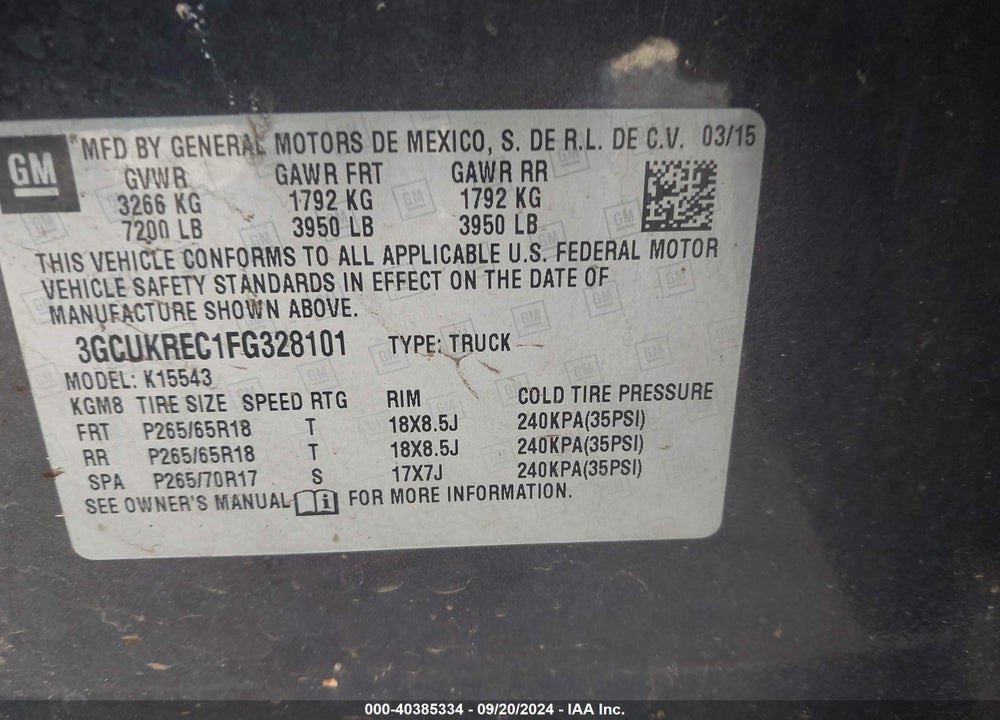 2015 CHEVROLET SILVERADO 1500 1LT VIN: 3GCUKREC1FG328101