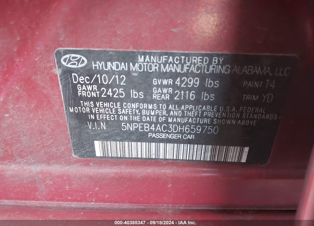 2013 HYUNDAI SONATA GLS VIN: 5NPEB4AC3DH659750