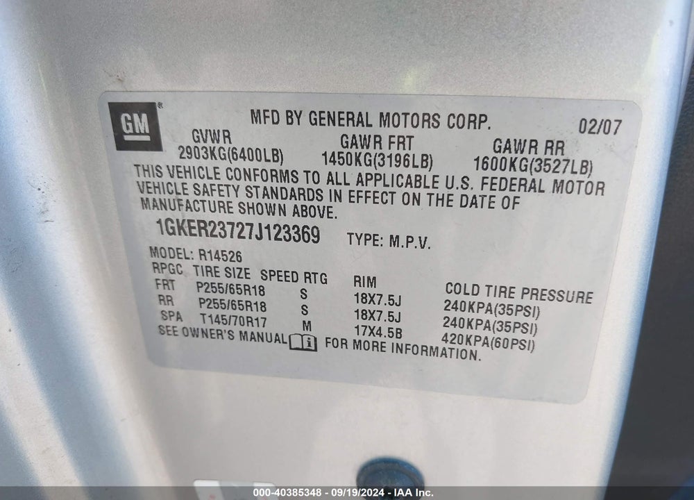 2007 GMC ACADIA SLT-1 VIN: 1GKER23727J123369