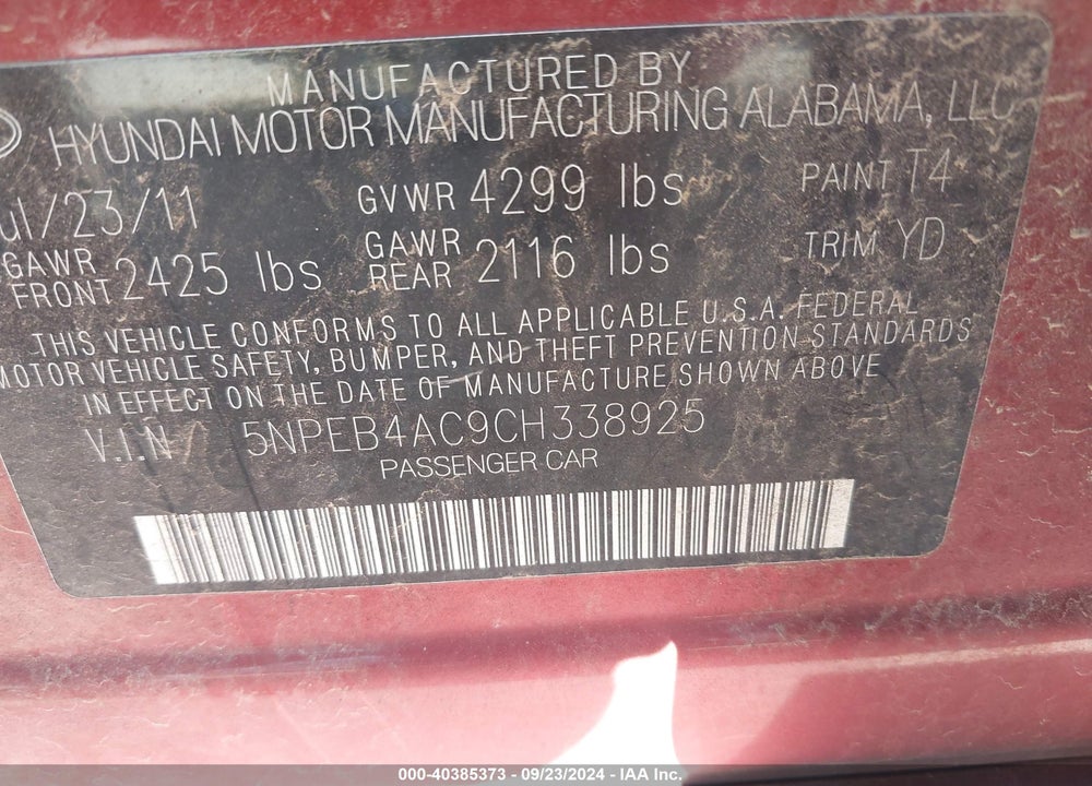 2012 HYUNDAI SONATA GLS VIN: 5NPEB4AC9CH338925