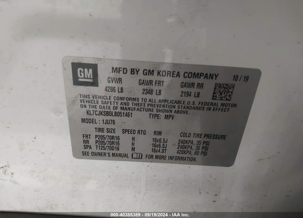 2020 CHEVROLET TRAX FWD LS VIN: KL7CJKSB0LB051461