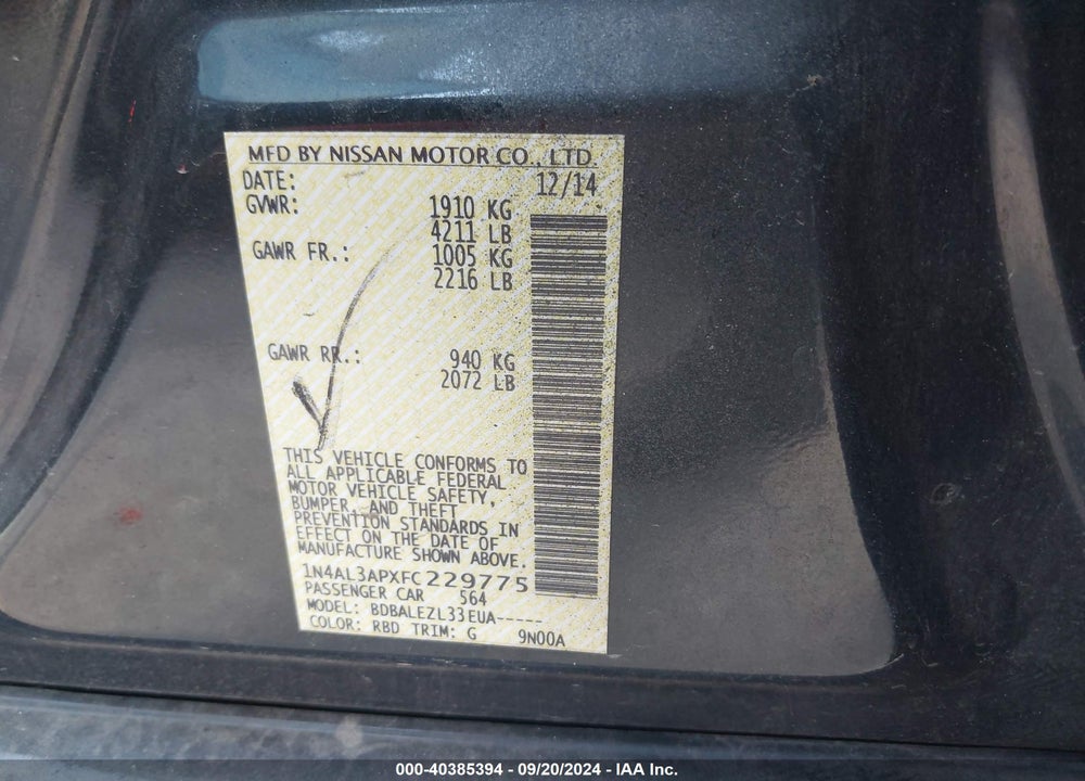 2015 NISSAN ALTIMA VIN: 1N4AL3APXFC229775