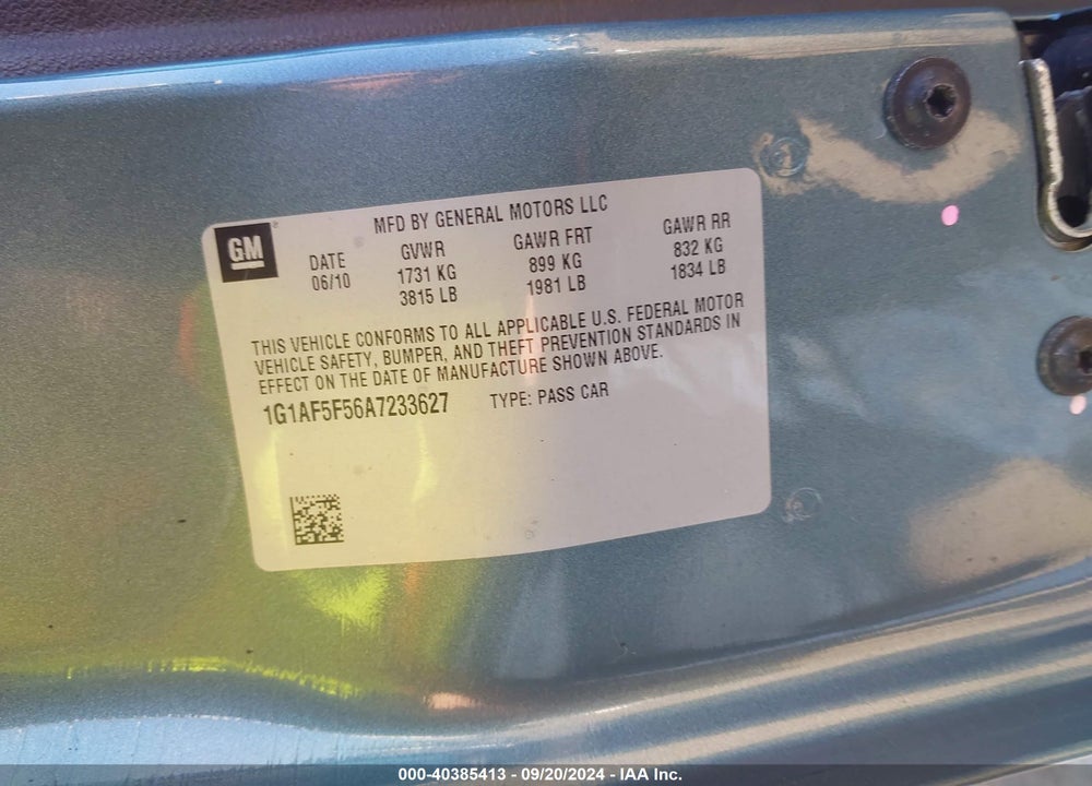 2010 CHEVROLET COBALT LT VIN: 1G1AF5F56A7233627