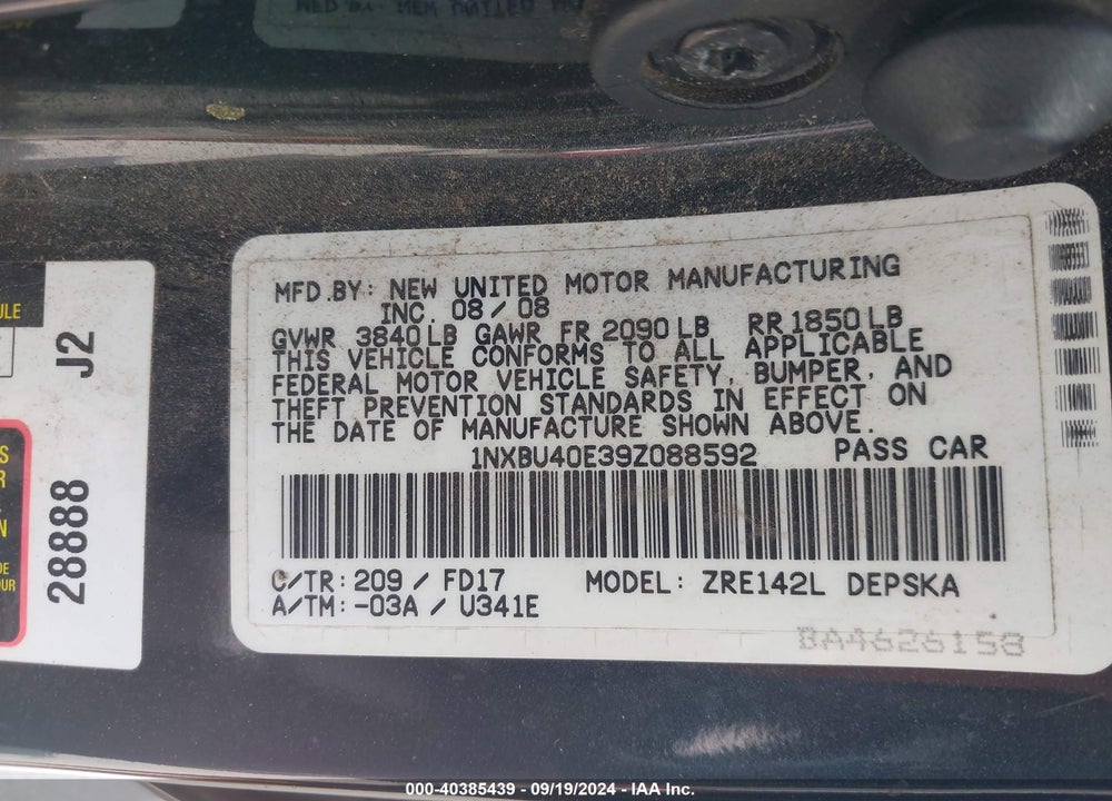 2009 TOYOTA COROLLA S VIN: 1NXBU40E39Z088592