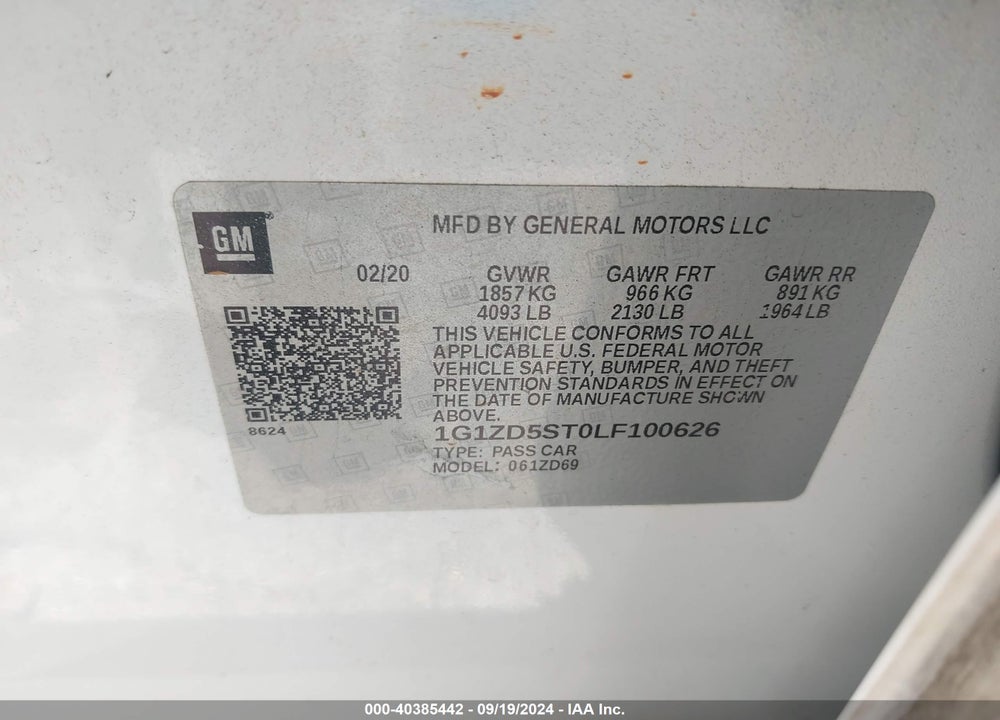 2020 CHEVROLET MALIBU FWD LT VIN: 1G1ZD5ST0LF100626