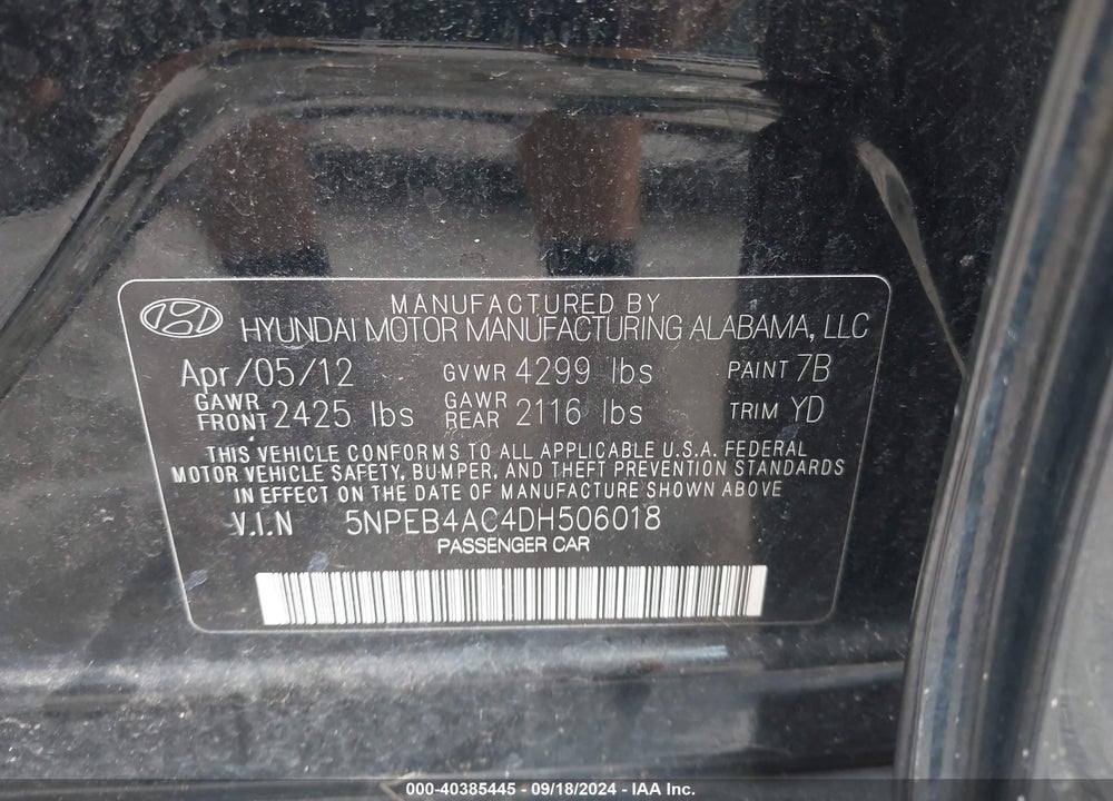 2013 HYUNDAI SONATA GLS VIN: 5NPEB4AC4DH506018