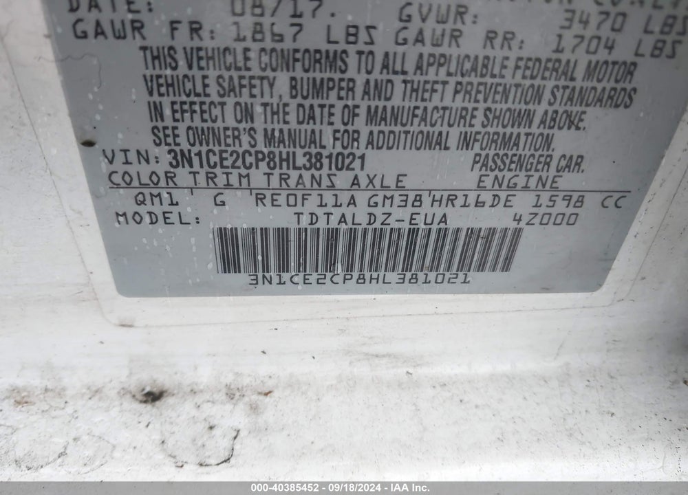 2017 NISSAN VERSA NOTE SV VIN: 3N1CE2CP8HL381021
