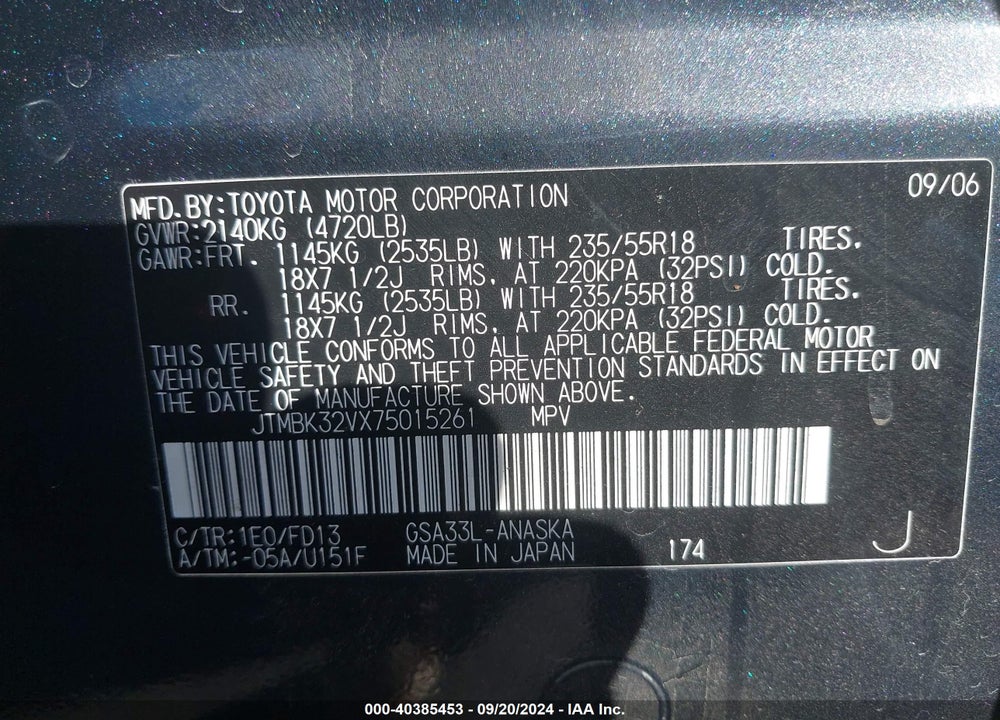 2007 TOYOTA RAV4 SPORT V6 VIN: JTMBK32VX75015261
