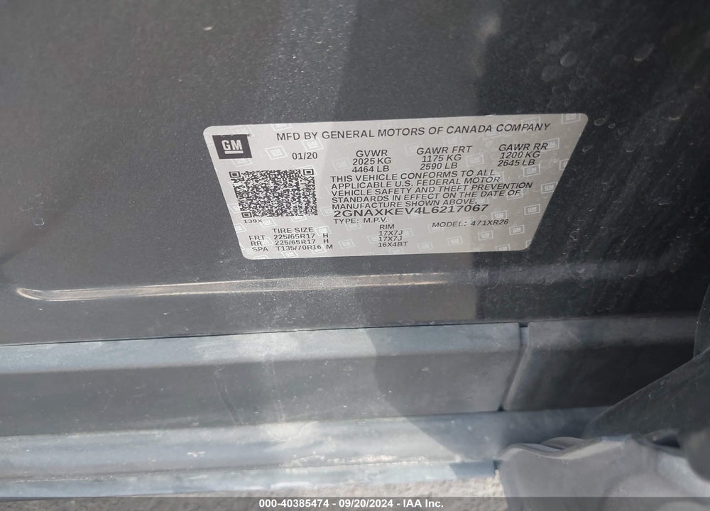 2020 CHEVROLET EQUINOX FWD LT 1.5L TURBO VIN: 2GNAXKEV4L6217067