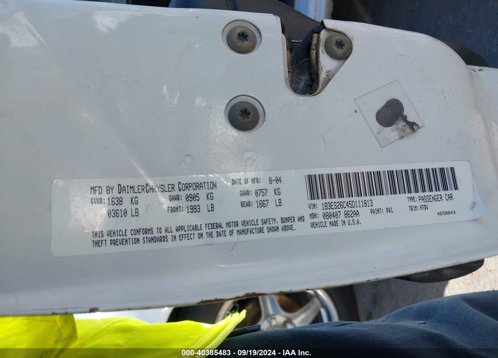 2005 DODGE NEON SE VIN: 1B3ES26C45D111813