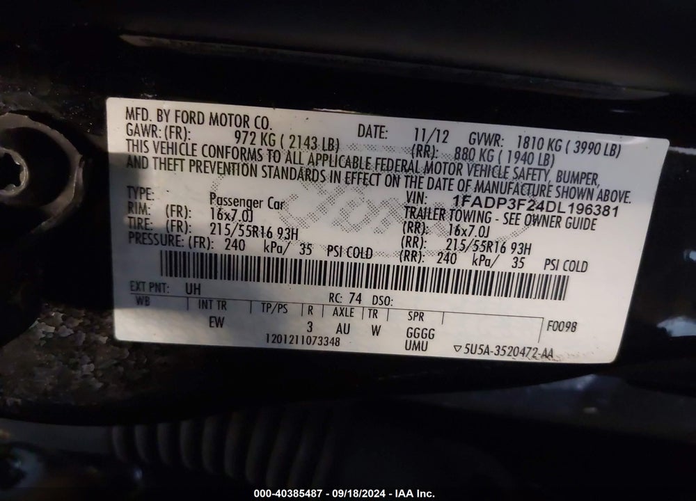 2013 FORD FOCUS SE VIN: 1FADP3F24DL196381