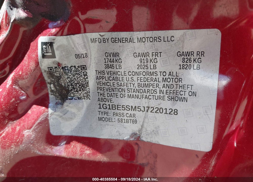 2018 CHEVROLET CRUZE LT AUTO VIN: 1G1BE5SM5J7220128