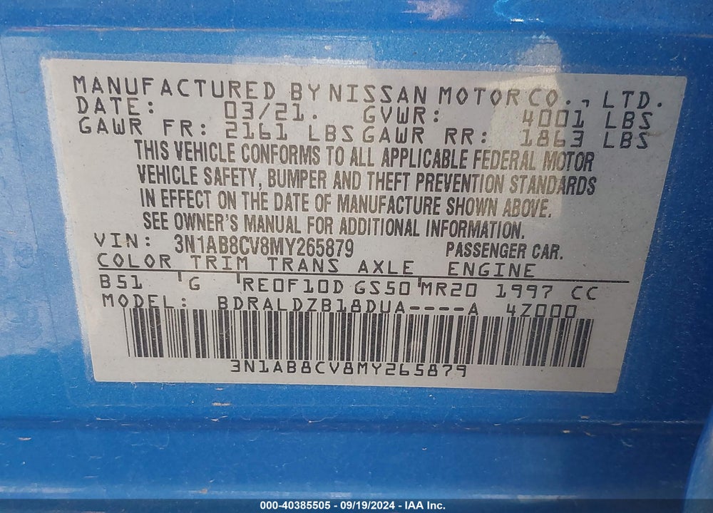 2021 NISSAN SENTRA SV XTRONIC CVT VIN: 3N1AB8CV8MY265879