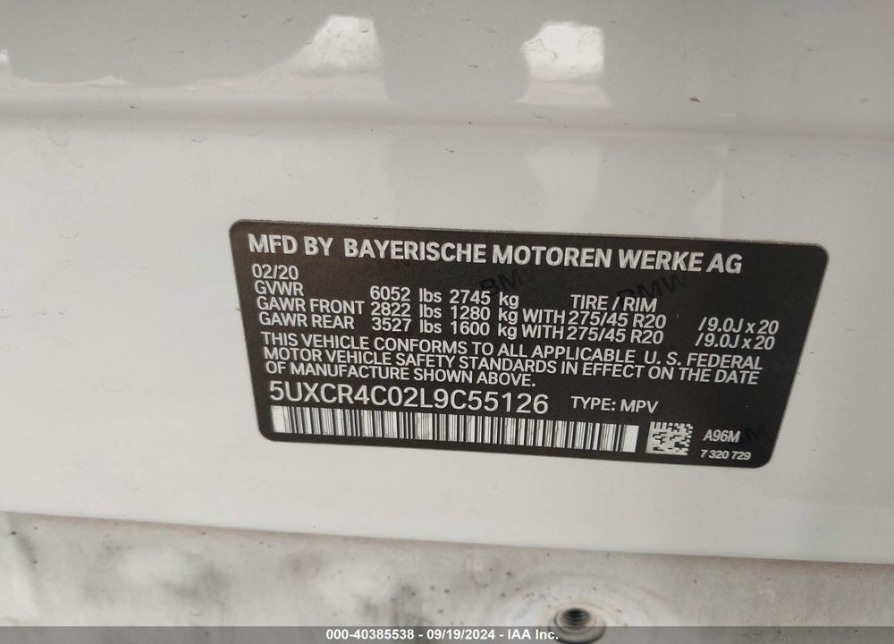 2020 BMW X5 SDRIVE40I VIN: 5UXCR4C02L9C55126