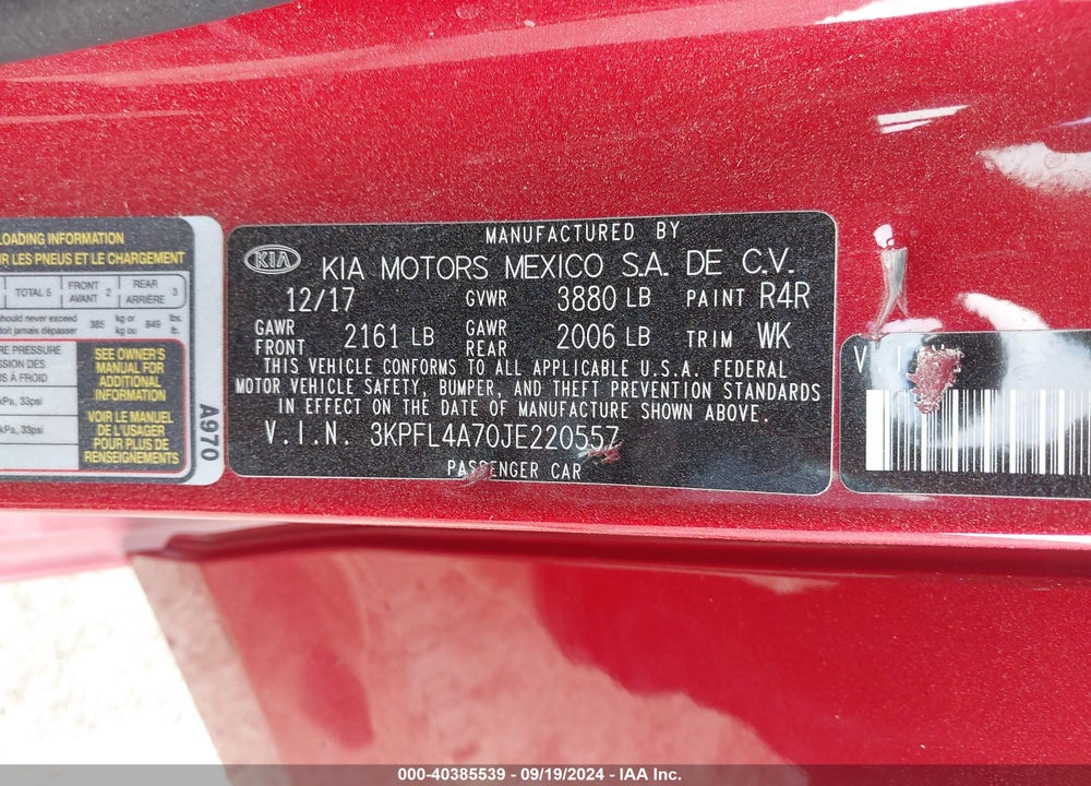 2018 KIA FORTE S VIN: 3KPFL4A70JE220557
