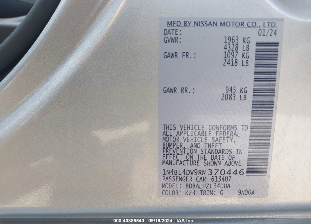 2024 NISSAN ALTIMA SV FWD VIN: 1N4BL4DV9RN370446
