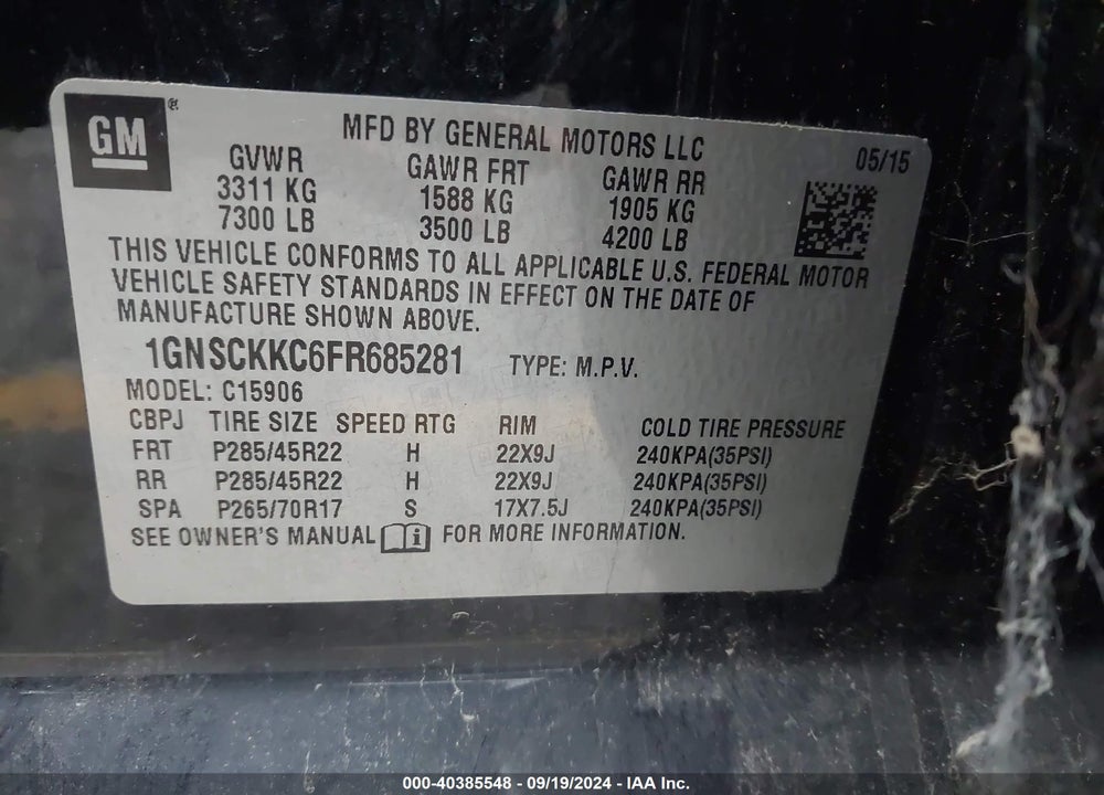 2015 CHEVROLET SUBURBAN 1500 LTZ VIN: 1GNSCKKC6FR685281