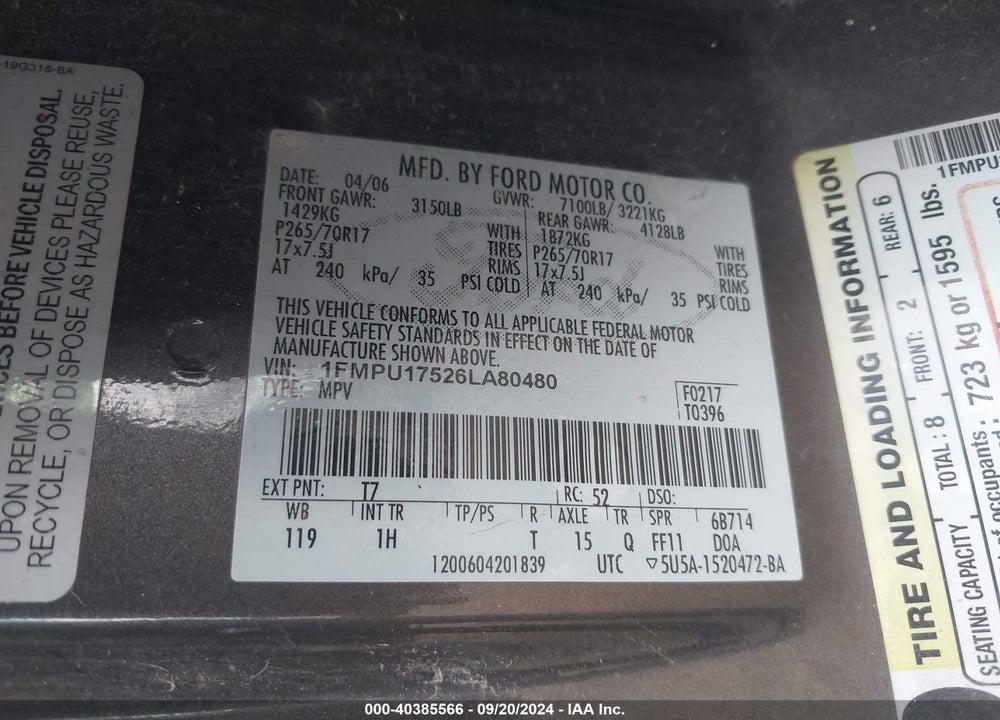2006 FORD EXPEDITION EDDIE BAUER/KING RANCH VIN: 1FMPU17526LA80480
