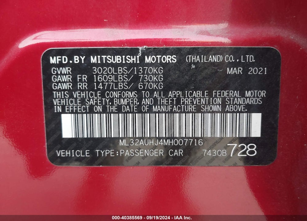 2021 MITSUBISHI MIRAGE CARBONITE EDITION/ES/LE VIN: ML32AUHJ4MH007716