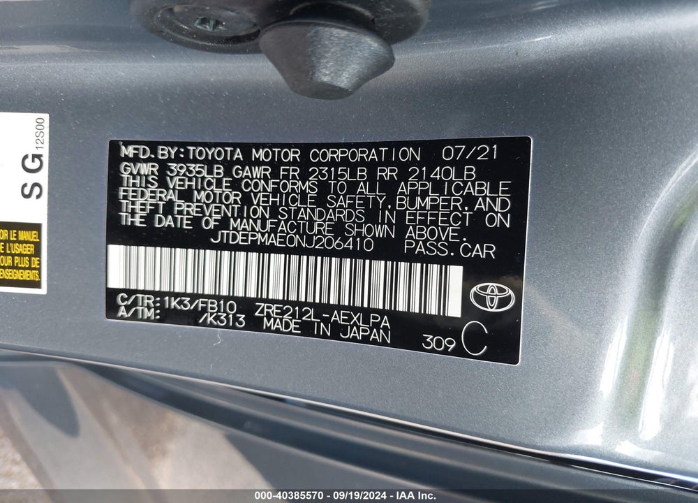 2022 TOYOTA COROLLA LE VIN: JTDEPMAE0NJ206410